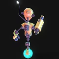 Yellow Black Robot Character With Mechanical Design Holding Large Weapon On Glowing Blue Sphere