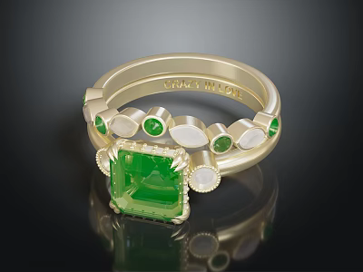 Elegant Gold Ring Featuring Square Green Jadeite And Round White Diamond Accents 3d model
