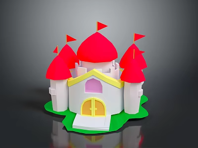 Fairy Tale Paper Craft Castle With Red Domes Yellow Flags White Walls And Green Base 3d model