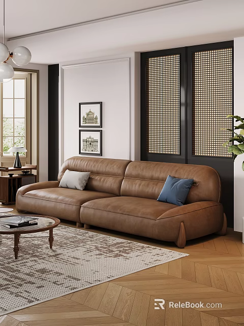 Brown Leather Sectional Sofa with Gray and Blue Throw Pillows in Modern Living Space 3d model 