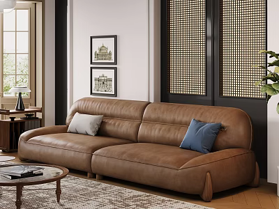 Brown Leather Sectional Sofa with Gray and Blue Throw Pillows in Modern Living Space 3d model