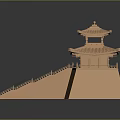 Cartoon Scenery Of Chinese Style Tower With Multi Tiered Roof Staircase And Reflection