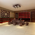 Traditional Chinese Tea House Interior With Tea Shelves Tree Stump Table And Ceramic Cups