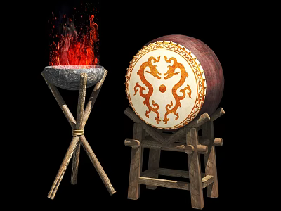 Traditional Metal Brazier With Flames And Dragon Pattern Drum On Wooden Stand 3d model