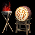 Traditional Metal Brazier With Flames And Dragon Pattern Drum On Wooden Stand