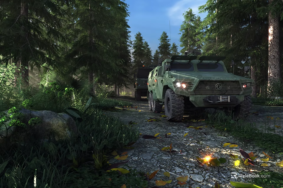 Green Military Off Road Vehicle Parked On Forest Trail With Trees Grass And Fallen Leaves 3d model 