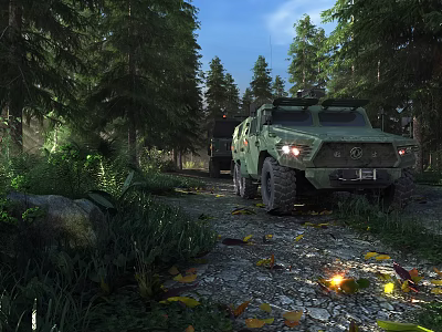Green Military Off Road Vehicle Parked On Forest Trail With Trees Grass And Fallen Leaves 3d model