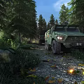 Green Military Off Road Vehicle Parked On Forest Trail With Trees Grass And Fallen Leaves