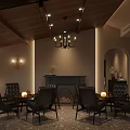 Warm Modern Bar Interior With Wooden Ceiling Chandelier And Black Leather Chairs