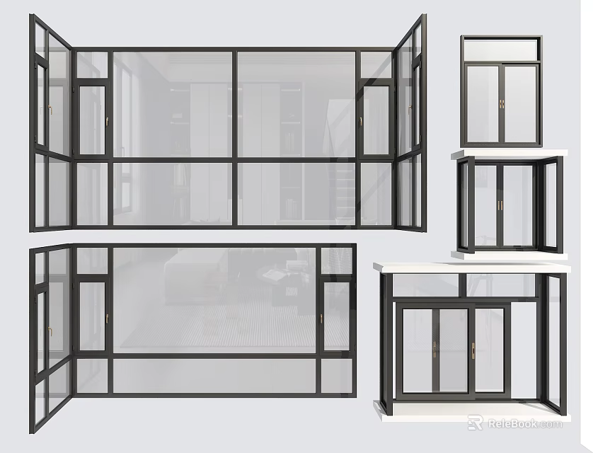 Stylish Floor to Ceiling Windows With Black Frames Clear Glass And Modern Designs 3d model