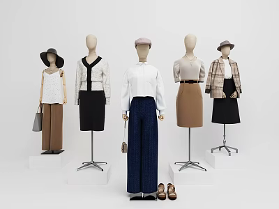 Mannequins Showcasing Various Clothing Styles With Hats Bags And Shoes 3d model
