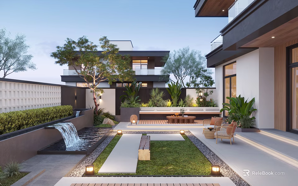Modern Courtyard Garden With Waterfall Feature Green Lawn Stone Pathway And Wooden Seating 3d model 
