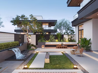 Modern Courtyard Garden With Waterfall Feature Green Lawn Stone Pathway And Wooden Seating 3d model