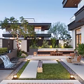 Modern Courtyard Garden With Waterfall Feature Green Lawn Stone Pathway And Wooden Seating