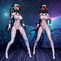 Women in Futuristic White Red Tech Suits Standing on Grid Floor with Starry Space Background