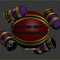 Red Mechanical Sphere Featuring Yellow Cross Straps Purple Gold Components And Glowing Blue Eyes
