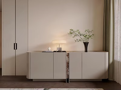 Modern Minimalist Light Beige Console Table With Elegant Table Lamp And Exquisite Floral Decor 3d model
