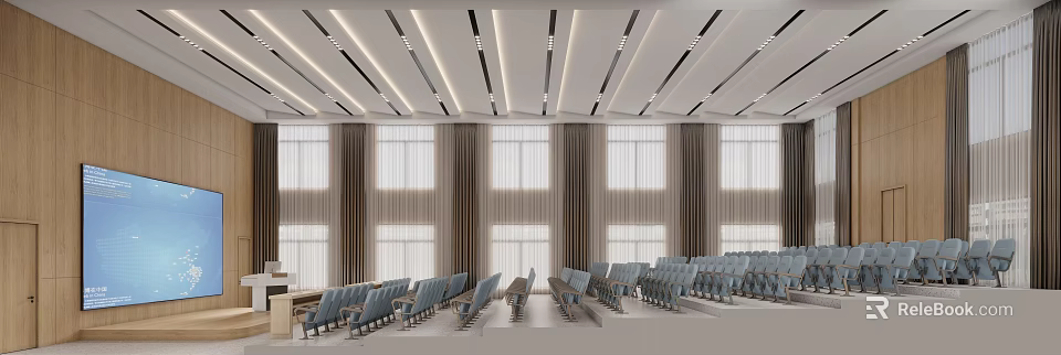 Spacious Conference Room Interior with Rows of Blue Chairs Large Windows Brown Curtains and Ceiling Design 3d model 