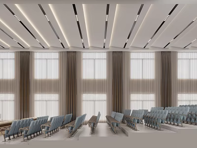 Spacious Conference Room Interior with Rows of Blue Chairs Large Windows Brown Curtains and Ceiling Design 3d model