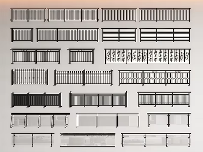 Collection of Different Decorative Fence Designs Featuring Classic and Modern Styles 3d model