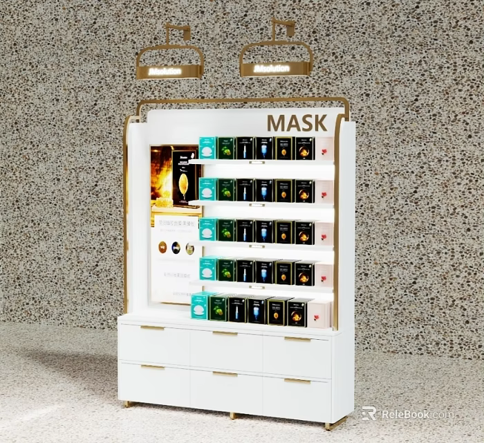 Shopping Mall Face Mask Counter With Display Shelves And Gold Lighting 3d model 