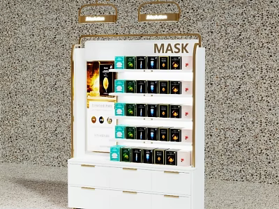 Shopping Mall Face Mask Counter With Display Shelves And Gold Lighting 3d model