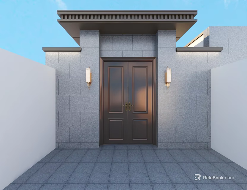 Modern Main Gate Entrance With Gray Stone Walls Dark Brown Double Doors And Wall Lamps 3d model 