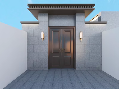 Modern Main Gate Entrance With Gray Stone Walls Dark Brown Double Doors And Wall Lamps 3d model