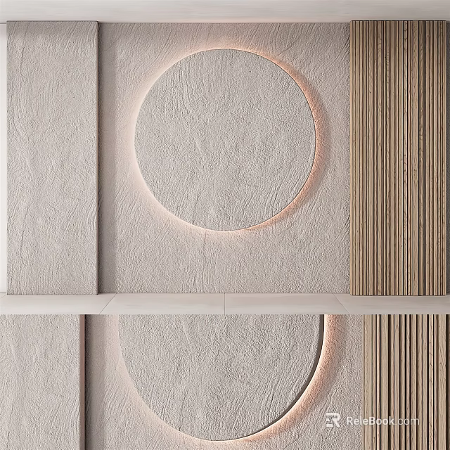 Modern Sofa Background Wall Design With Textured Plaster Circular Panel And Wooden Slats 3d model 