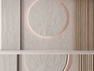 Modern Sofa Background Wall Design With Textured Plaster Circular Panel And Wooden Slats 3d model