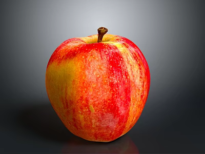 Fresh Juicy Red and Yellow Apple with Striped Skin and Brown Stem on Dark Background 3d model
