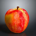 Fresh Juicy Red and Yellow Apple with Striped Skin and Brown Stem on Dark Background