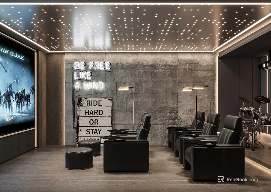 Home Theater Interior Design With Large Screen Black Leather Seats Gray Walls And Ceiling Lights 3d model 