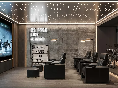 Home Theater Interior Design With Large Screen Black Leather Seats Gray Walls And Ceiling Lights 3d model