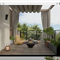 Cozy Home Balcony Interior With Wicker Chair Round Fire Pit Table And Green Plants
