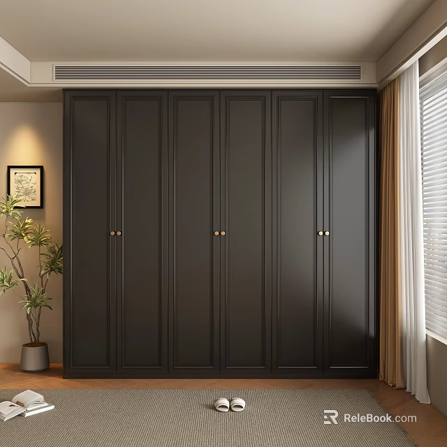 Modern Dark Wardrobe Interior Design With Decorative Plant And Window Shutters 3d model 