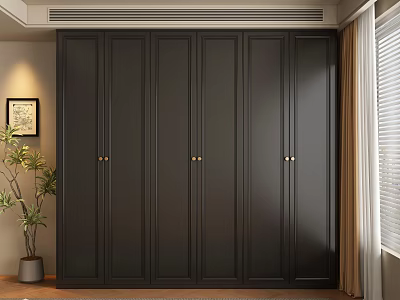 Modern Dark Wardrobe Interior Design With Decorative Plant And Window Shutters 3d model