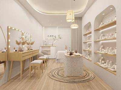 Modern Elegant Boutique Interior Design With Dressing Tables Stools Mirrors And Product Shelves 3d model