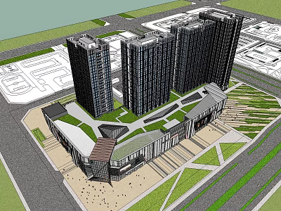 Modern Commercial Complex Design Featuring High Rise Towers Plaza And Green Spaces 3d model