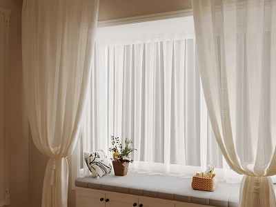 Cozy Window Seat With Sheer Curtains Pillow Flower Pot And Basket 3d model