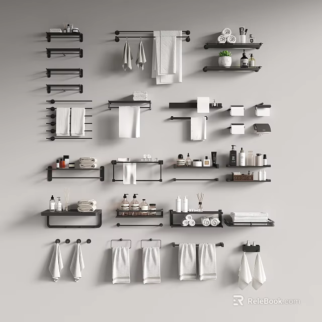 Modern Bathroom Accessories Featuring Towel Racks Shelves Towels Hooks And Toiletries 3d model 