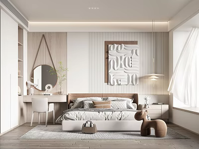 Modern Bedroom Interior Design With Wooden Wall Paneling Bed Decorative Artwork And Pendant Light 3d model
