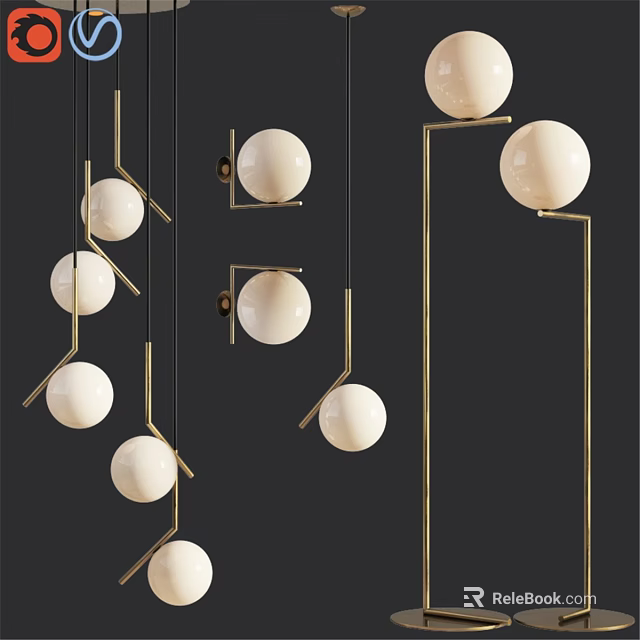 Modern Gold Metal Frame Pendant Lights With White Globe Shades For Interior Decor 3d model 