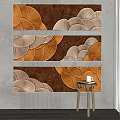Three Panel Decorative Wall Art With Orange Beige Leaf Design On Brown Background 3d model