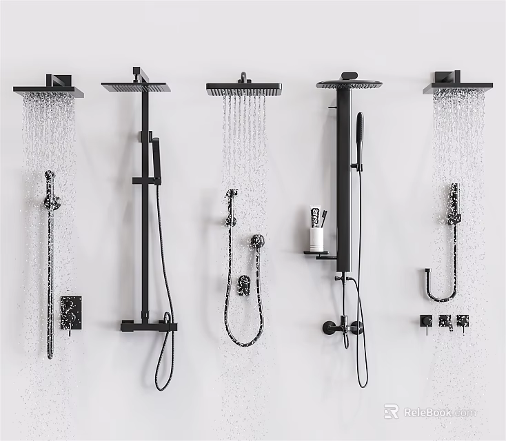 Black Shower Systems with Various Styles Featuring Rainfall Handheld and Control Handles 3d model