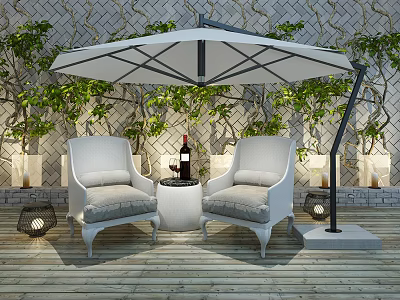Outdoor Sofa With White Cushions Under Umbrella On Wooden Deck Vines Wall And Lanterns 3d model
