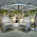 Outdoor Sofa With White Cushions Under Umbrella On Wooden Deck Vines Wall And Lanterns