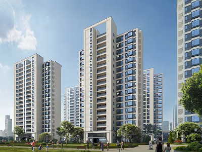 Modern High Rise Residential Buildings With Greenery And People Walking In Urban Area 3d model