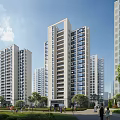 Modern High Rise Residential Buildings With Greenery And People Walking In Urban Area