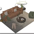Modern Brown Leather Sofa and Coffee Table Set with Green Plants Pillows and Area Rug